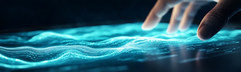 Poster - A hand interacts with a glowing digital surface, creating a captivating display of blue light and wave-like patterns.
