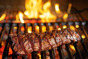 Wall Mural - Juicy beef steak marinated and placed on the grill, fire in the background