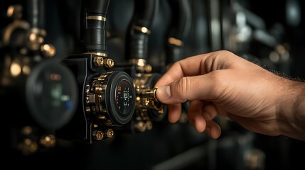 Poster - A close-up image of a hand adjusting a dial on equipment, featuring metallic components and a focus on precision mechanics.