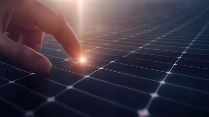 Leinwandbilder - A hand touches a grid-like surface, emitting light, symbolizing technology and innovation.