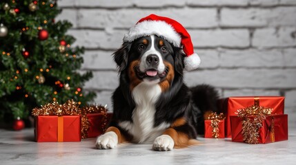 Wall Mural - Smiling Bernese Mountain Dog in Santa hat surrounded by holiday decorations