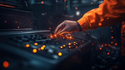 Poster - A close-up of a hand adjusting controls on a dark industrial panel, illuminated by glowing lights, suggesting a high-tech or automated environment.