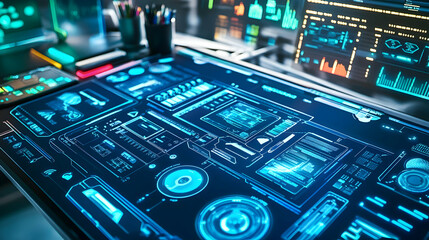 Futuristic interface on a desk with glowing blue digital graphics and data.