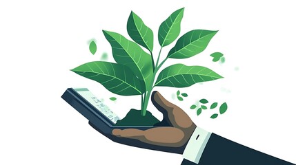 Poster - A hand holds a smartphone from which green leaves sprout, symbolizing the fusion of technology and nature, highlighting innovation and sustainability.