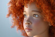 © EliteStock - A close-up portrait of a young girl with striking curly red hair and freckles, capturing her thoughtful expression in soft lighting.