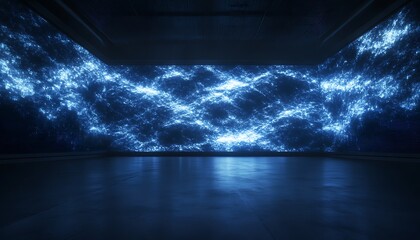 Poster - A vibrant blue light installation creates a dynamic, immersive environment with shimmering patterns on the walls.