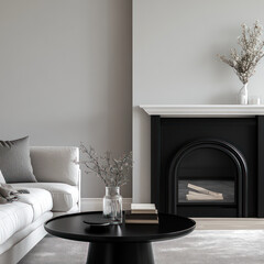 black and white living room with black  fireplace and white sofa , neutral decoration 