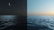 © Gaemon - A split image showing a starry night sky over calm ocean water and a serene sunrise over the sea.