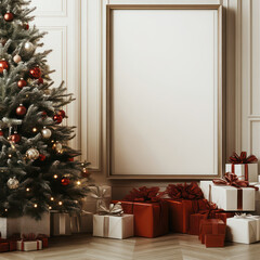 Wall Mural - Christmas  graphic design white and  red color theme  red gift boxes and blank art frame on the wall for text