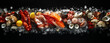 © oceanrider - Seafood Banner with Salmon, Squid, Octopus, Mussels, Oysters, Clams, and Shrimp on Ice on Black Background