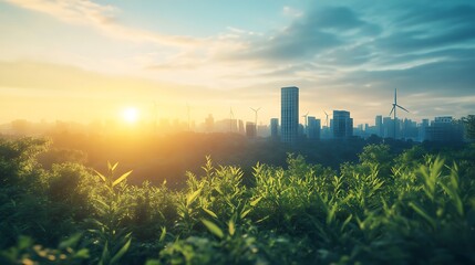 Poster - A serene sunrise over a lush landscape, blending urban buildings and wind turbines under a vibrant sky.