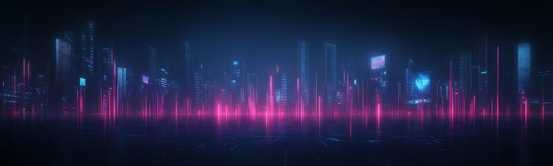 Poster - A futuristic digital landscape featuring vibrant pink and blue light waves, creating a sense of depth and high-tech ambiance.
