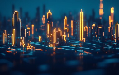 Aufkleber - A futuristic cityscape illuminated with glowing skyscrapers, showcasing a blend of technology and urban design against a dark backdrop.