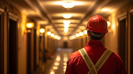 Wall Mural - Construction Worker Inspects Dimly Lit Hotel Corridor for Safety Compliance and Maintenance Needs