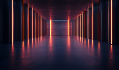 Poster - A futuristic hallway illuminated by vibrant neon lights, creating an atmospheric and immersive experience.