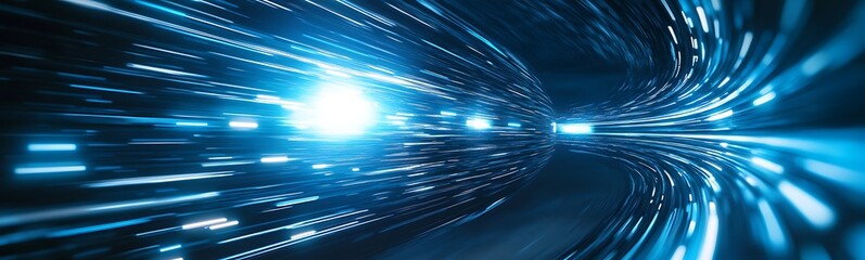 Poster - A futuristic depiction of light streaks, conveying a sense of speed and motion in a vibrant blue hue, reminiscent of warp speed or digital pathways.