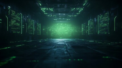 Poster - A futuristic, dimly lit space with glowing green patterns, creating a mysterious and technological atmosphere.