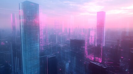 Canvas Print - A futuristic cityscape with glowing skyscrapers and digital elements, evoking a high-tech environment.