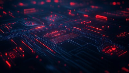 Fototapete - Abstract digital circuit board with glowing red and blue elements, representing advanced technology and data processing.