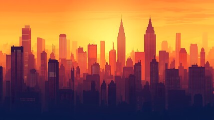 Canvas Print - A vibrant city skyline at sunset, showcasing silhouettes of buildings against a colorful sky.