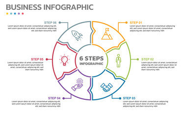 Poster - Visual data presentation. Cycle diagram with 6 options. Pie Chart Circle thin line infographic template with 6 steps, options, parts, segments. Business concept. Marketing infographic outline style.