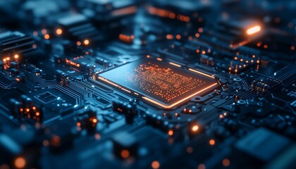 Poster - A close-up view of a circuit board showcasing intricate patterns and glowing elements, representing advanced technology and electronics.