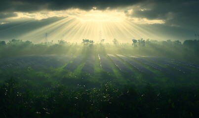 Poster - A breathtaking landscape featuring rays of sunlight breaking through dark clouds over a lush green field.