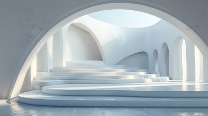 Wall Mural - minimalist white interior with arched windows and a staircase leading to a platform.