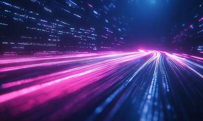 Leinwandbilder - A vibrant display of digital light trails in pink and blue, conveying a sense of speed and motion in a futuristic setting.