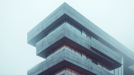 Angular modern building with exposed concrete facade, captured in a misty atmosphere, showcasing minimalism