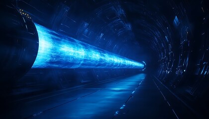Poster - A futuristic tunnel emitting blue light, creating a sense of speed and technology, with a digital aesthetic.