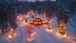 © Junior - A cozy winter cabin surrounded by snow-covered trees decorated with festive holiday lights Families gather inside around a warm fireplace sharing holiday stories and laughter A picturesque holiday
