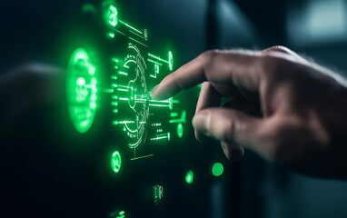 Leinwandbilder - A hand interacting with a futuristic green touchscreen interface showcasing digital elements and technology.