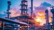 © Chatchanan - A high-resolution, close-up shot of refinery equipment during sunset,