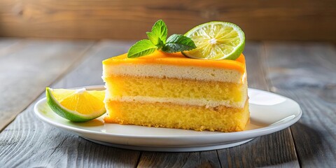 Wall Mural - Piece of cake with fresh orange lime slice on top, cake, dessert, sweet, food, orange, lime, slice, citrus, fresh, delicious