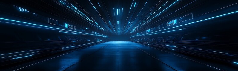 Poster - A futuristic landscape featuring glowing blue lines and a sense of depth, evoking themes of technology and digital exploration.