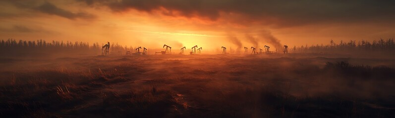 Aufkleber - A dramatic sunset casts a golden glow over a misty landscape, with silhouettes of trees and low-lying fog creating a serene, atmospheric panorama.