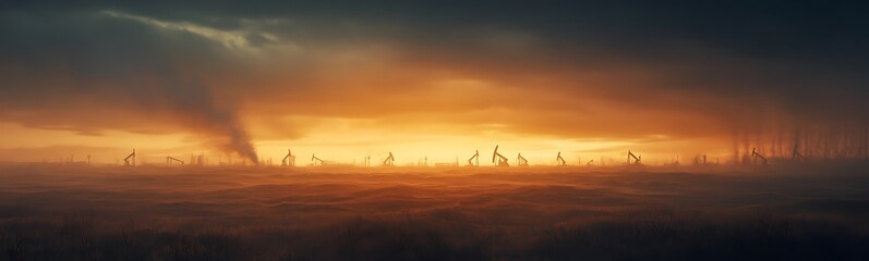 Aufkleber - A breathtaking landscape shows a horizon engulfed in dramatic colors, merging the elements of nature with a futuristic, industrial silhouette.