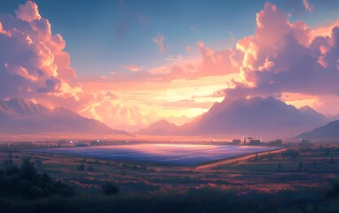 Aufkleber - A serene landscape featuring a vibrant sunset over mountains, with a sprawling field and futuristic structures reflecting the colors of the sky.