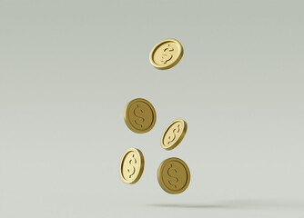 Wall Mural - 3D rendered illustration of a gold coin icon floating in mid-air with a dollar sign. Concepts of money, wealth and investment. A plain background emphasizes the coin's simplicity and clarity.