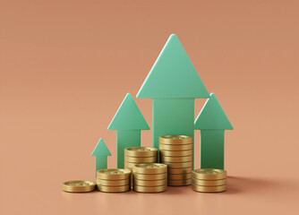 Wall Mural - 3D rendered illustration of a stack of gold coins icon with a green arrow pointing up. It represents financial growth. increase in investment or profits in business