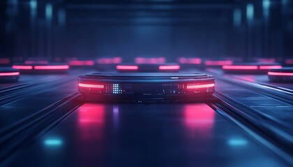 Poster - A futuristic scene featuring a sleek vehicle illuminated by vibrant neon lights in a high-tech environment.