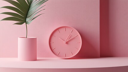 Canvas Print - A minimalist scene featuring a pink clock and a plant in a matching pot against a pink backdrop.