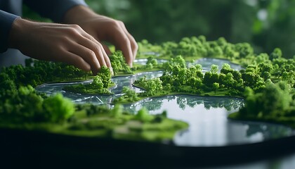 Aufkleber - A person is arranging miniature green landscapes on a model, showcasing details of trees and water against a blurred background.