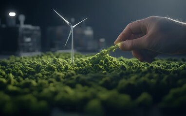 Poster - A hand shapes a green landscape with a miniature wind turbine, symbolizing sustainable energy and environmental stewardship.