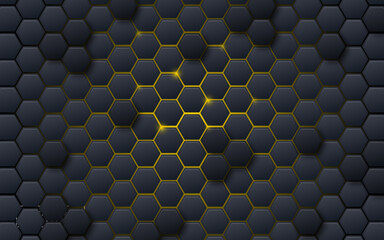 Dark gradient hexagon honeycomb background with yellow lamp light