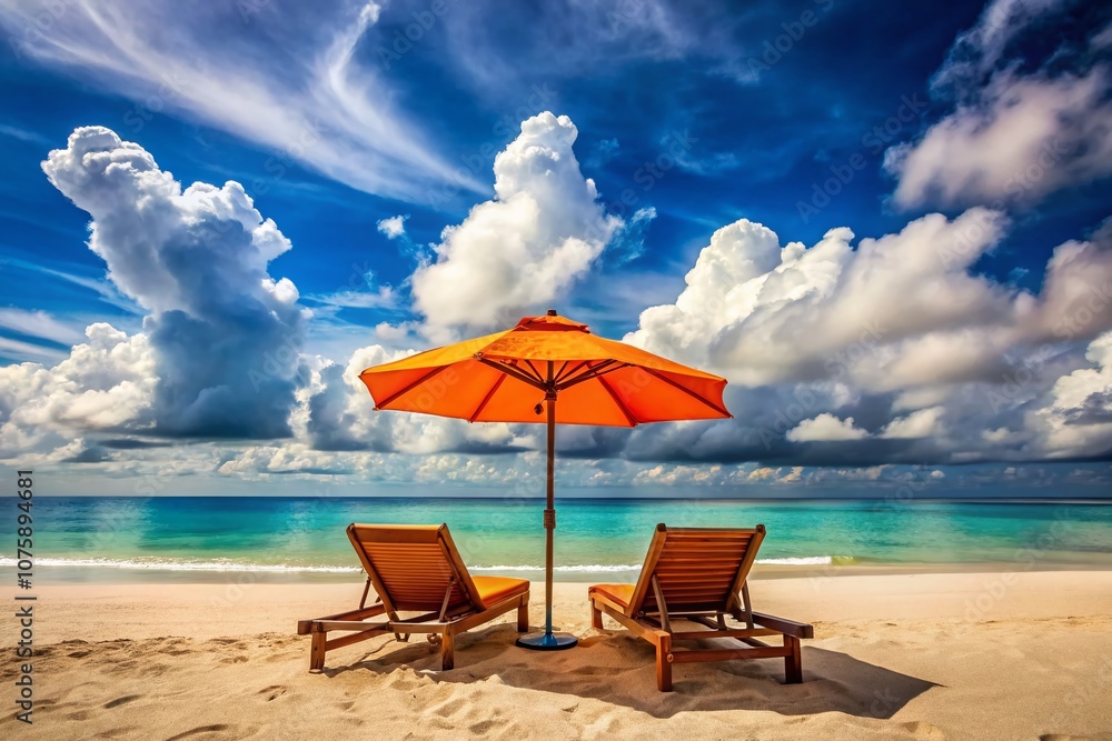 Relaxing Tropical Beach Scene with Lounge Chairs and an Orange Umbrella ...