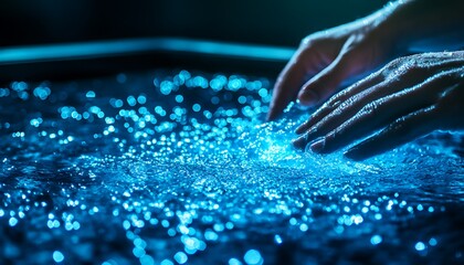 Fototapete - A pair of hands interacts with shimmering water, creating ripples and reflecting captivating blue light, evoking a sense of tranquility and connection to nature.