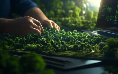 Poster - A person interacts with a miniature green landscape, blending technology and nature, symbolizing environmental awareness and sustainability.