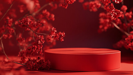 A vibrant red display featuring blossoms and a cylindrical pedestal against a matching backdrop